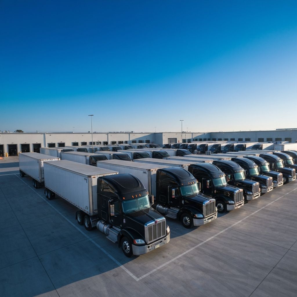 Fleet of trucks at logistics facility