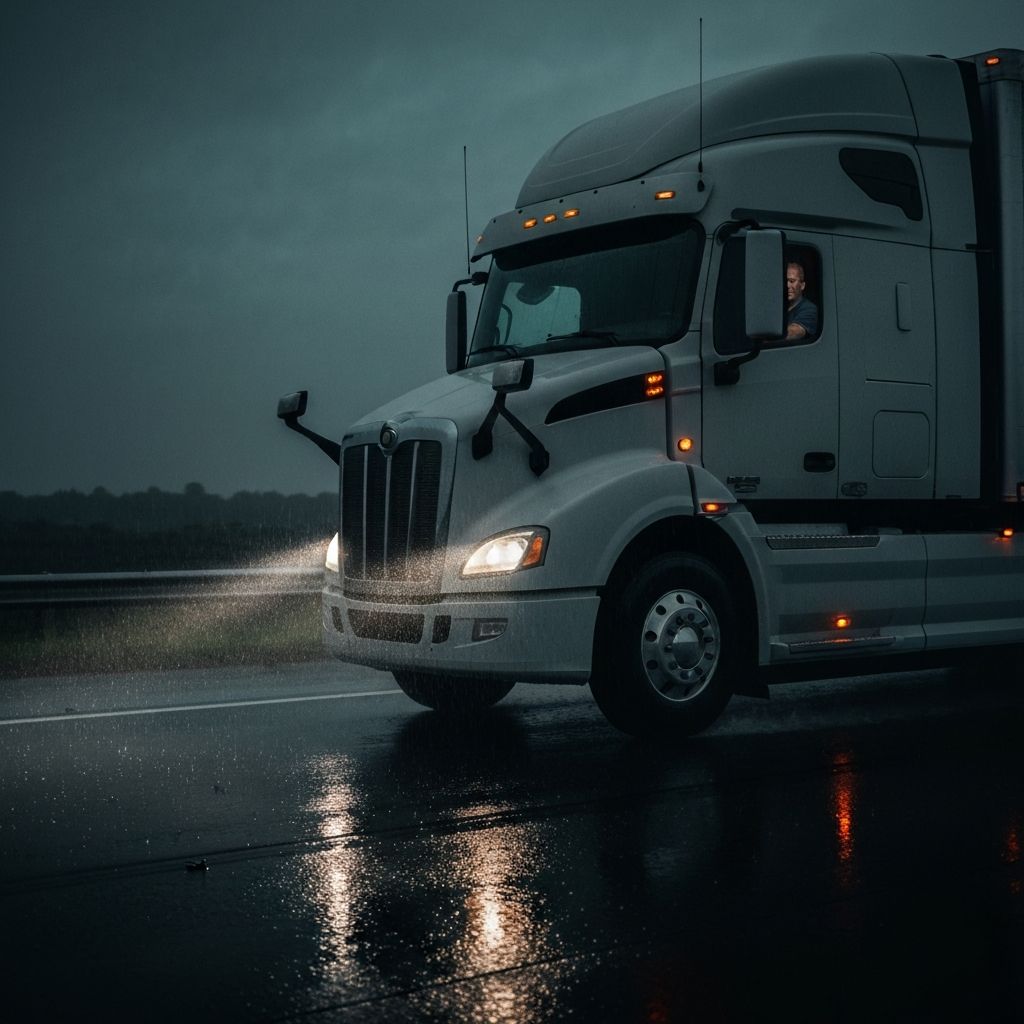 Truck driving through rain at night