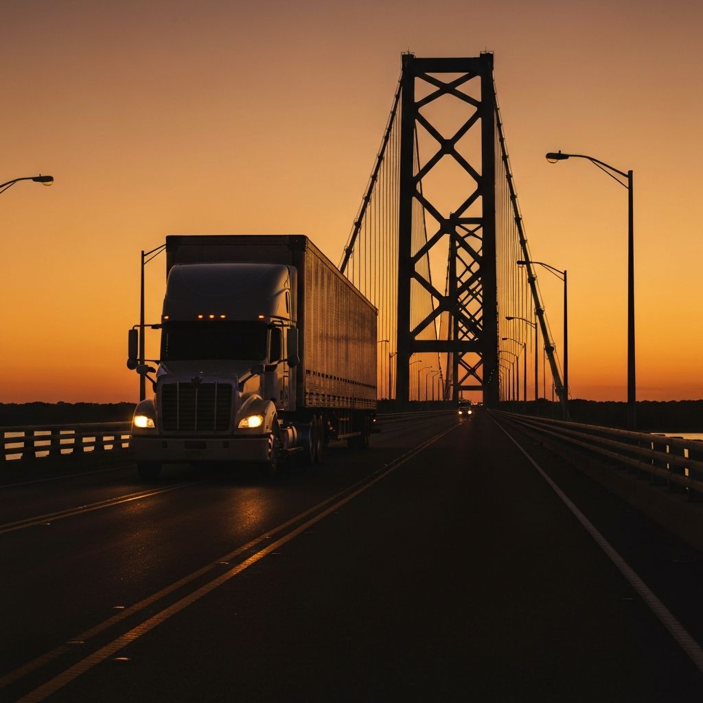 Truck crossing bridge at sunset